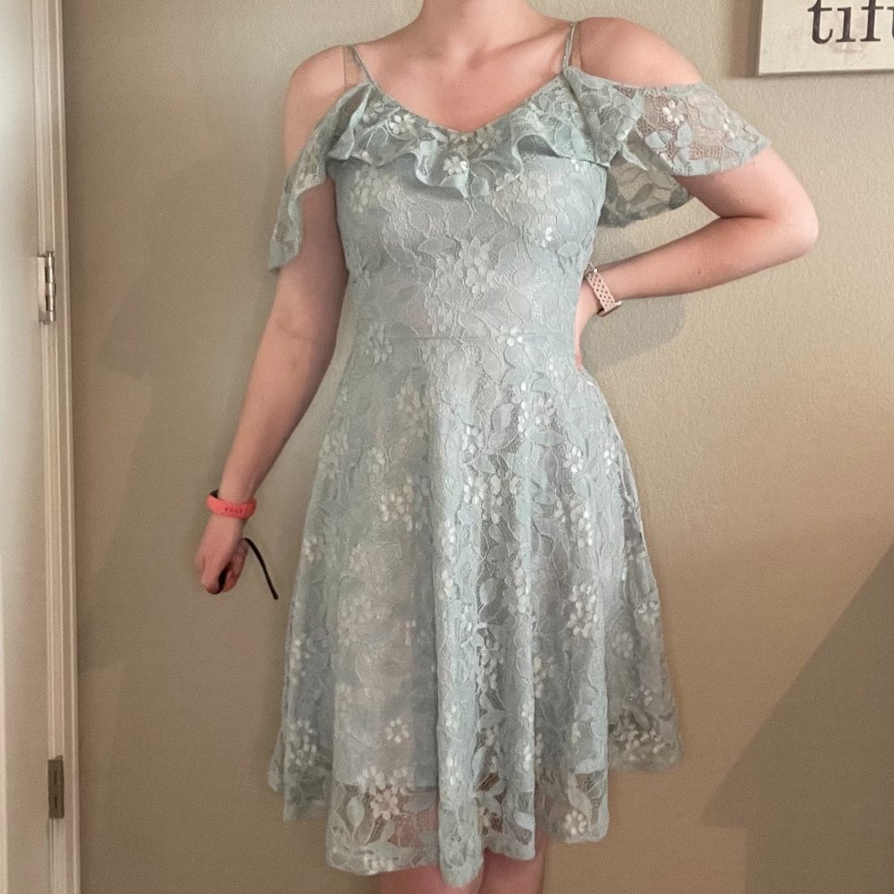 Dusty Mint Green Lace Cold Shoulder Dress